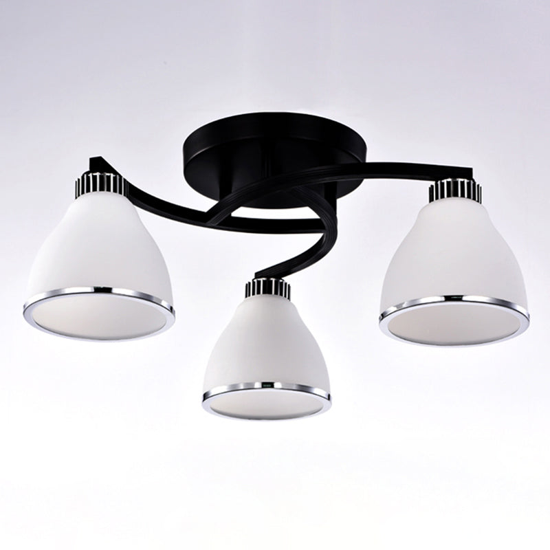 Modern Bell Shaped Flush Lamp White Glass Living Room Semi Flush Ceiling Light in Black