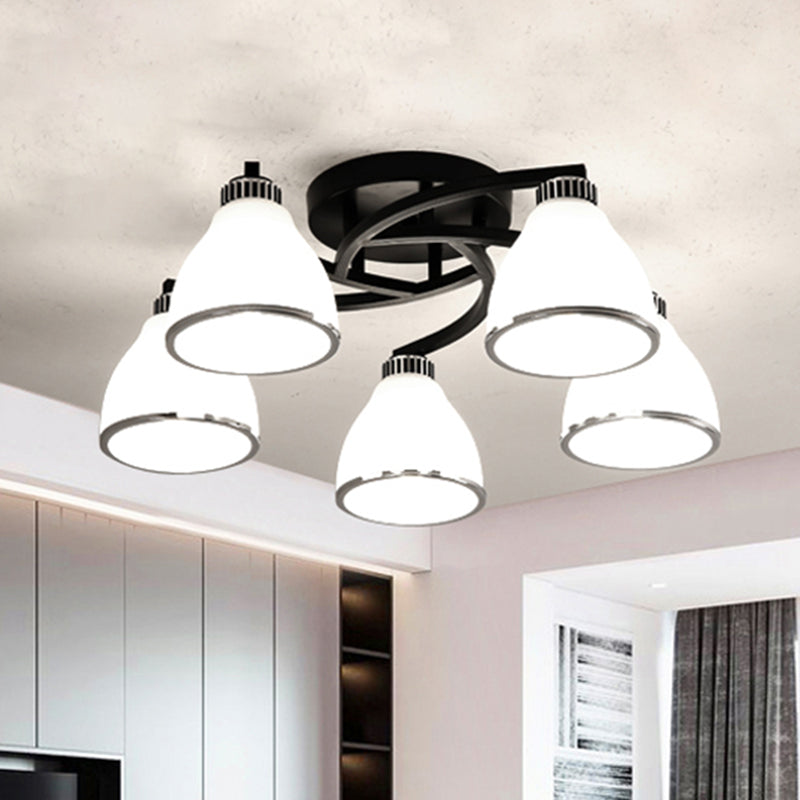 Modern Bell Shaped Flush Lamp White Glass Living Room Semi Flush Ceiling Light in Black