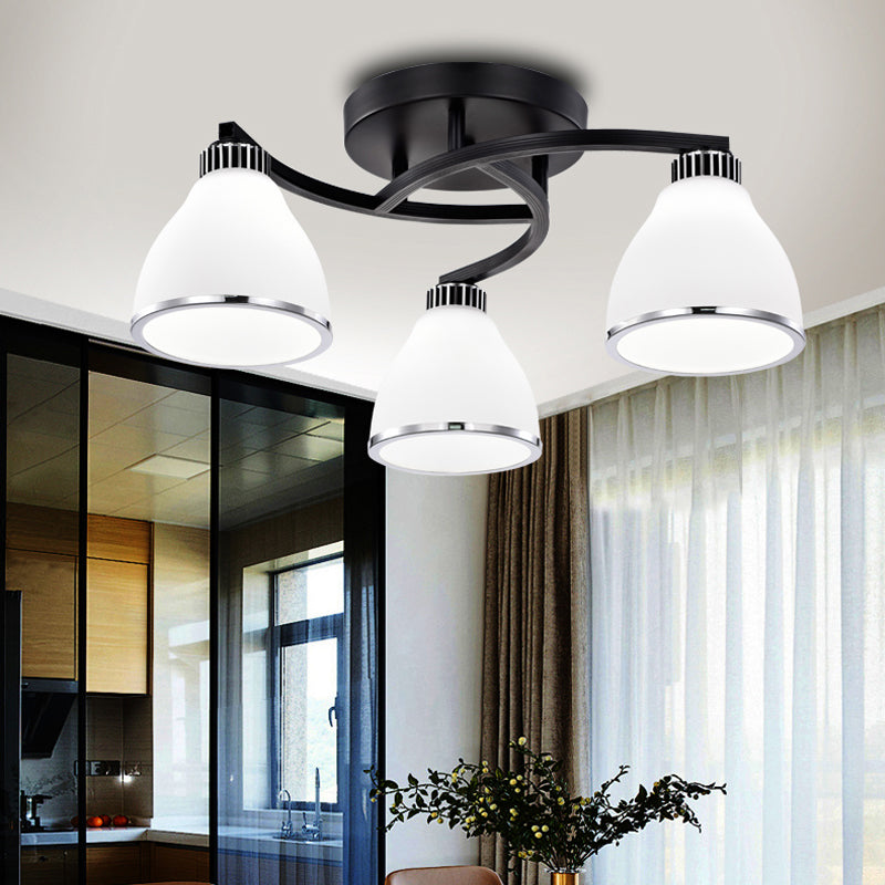 Modern Bell Shaped Flush Lamp White Glass Living Room Semi Flush Ceiling Light in Black