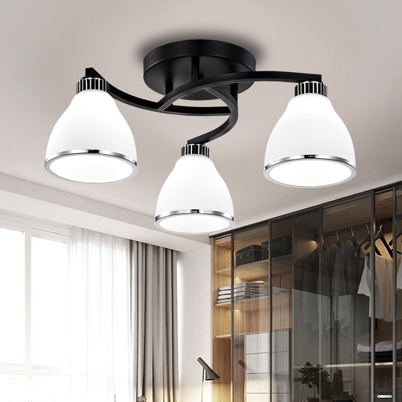 Modern Bell Shaped Flush Lamp White Glass Living Room Semi Flush Ceiling Light in Black
