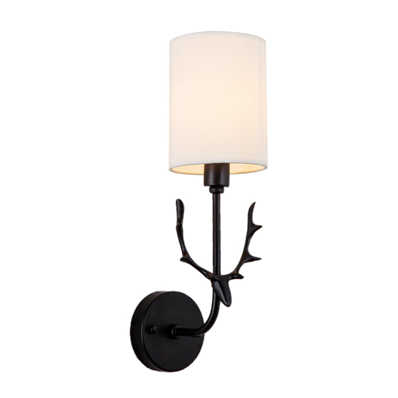 Cylinder Living Room Wall Lighting Countryside Fabric Shade 1 Head Black/Brass Sconce Lamp Fixture