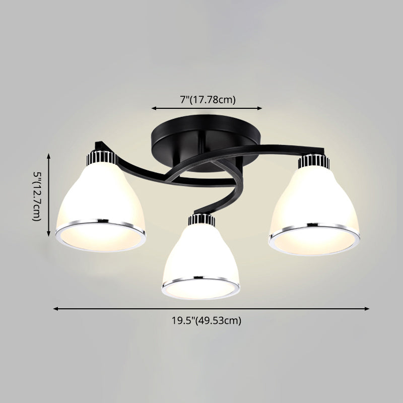Modern Bell Shaped Flush Lamp White Glass Living Room Semi Flush Ceiling Light in Black
