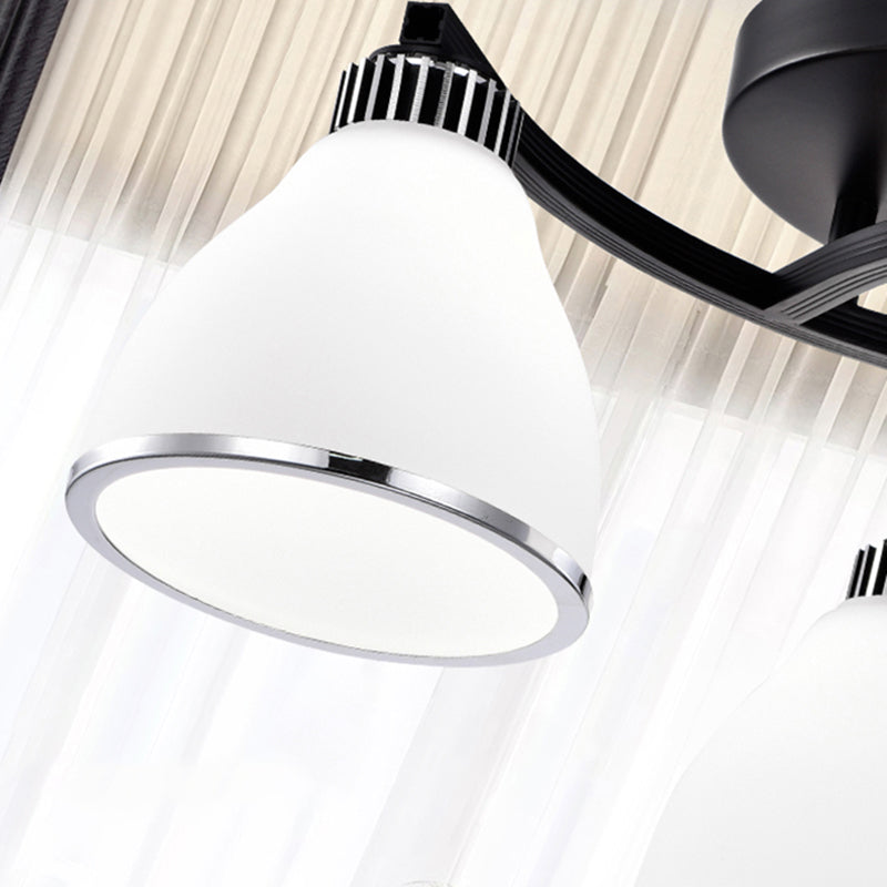 Modern Bell Shaped Flush Lamp White Glass Living Room Semi Flush Ceiling Light in Black