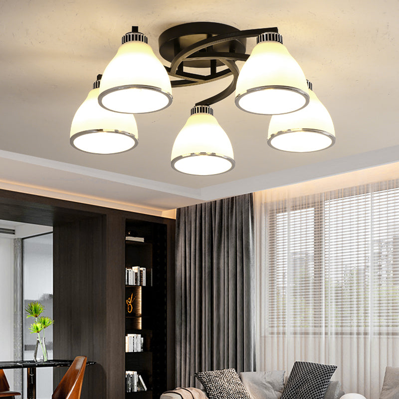 Modern Bell Shaped Flush Lamp White Glass Living Room Semi Flush Ceiling Light in Black