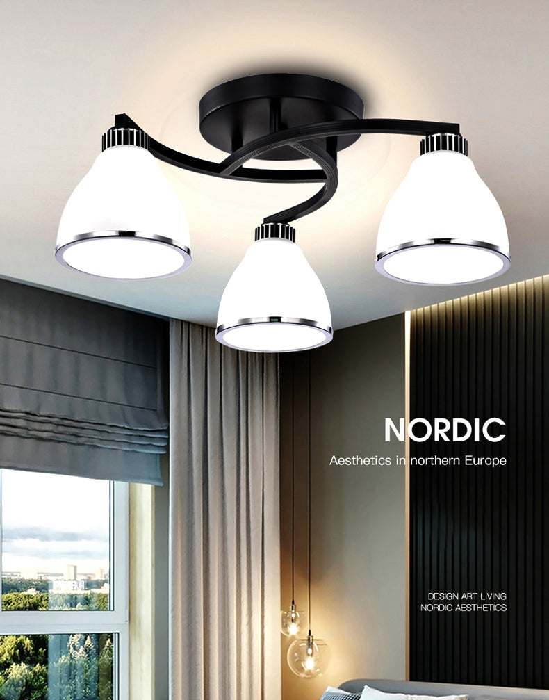 Modern Bell Shaped Flush Lamp White Glass Living Room Semi Flush Ceiling Light in Black