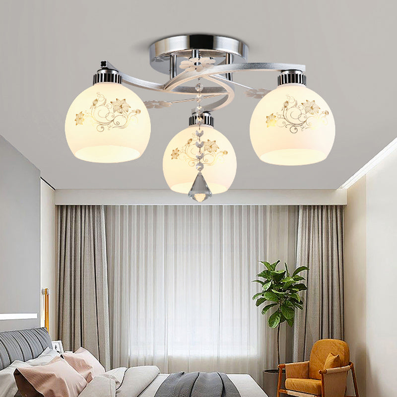 Chrome Shaded Ceiling Flush Light Minimalist Opal Glass Semi Flush Mount Fixture with Diamond Crystal