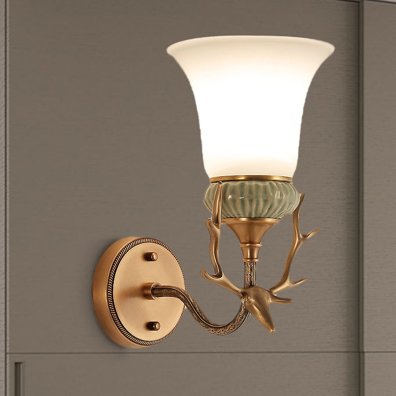 1 Light Wall Mount Lighting Retro Bell Opal Glass Brass Sconce Lamp Fixture with Antlers Curved Arm
