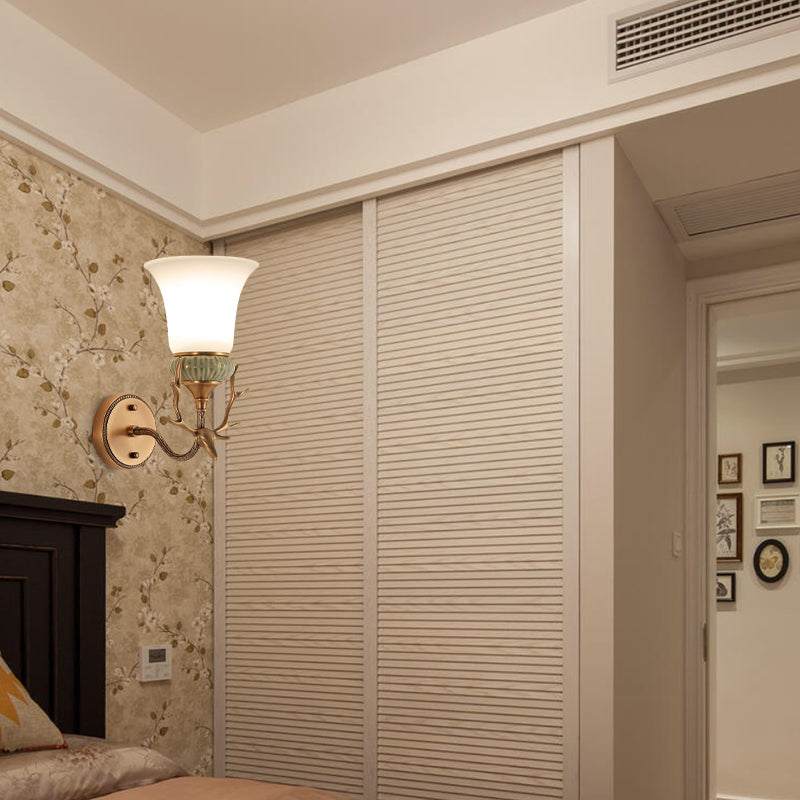 1 Light Wall Mount Lighting Retro Bell Opal Glass Brass Sconce Lamp Fixture with Antlers Curved Arm