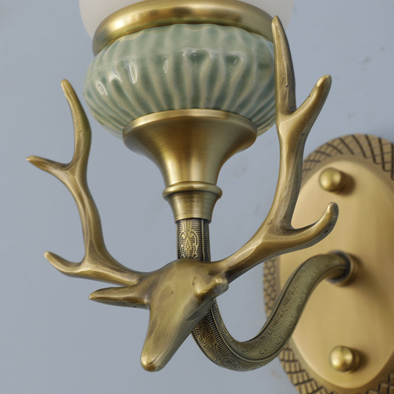 1 Light Wall Mount Lighting Retro Bell Opal Glass Brass Sconce Lamp Fixture with Antlers Curved Arm