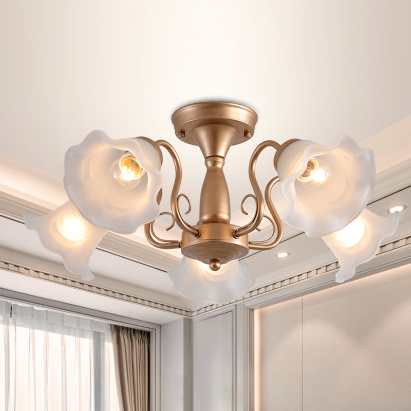 Country Style Floral Semi Flush Mount Frosted White Glass Ceiling Lamp for Dining Room