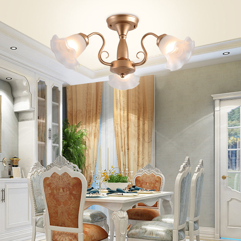 Country Style Floral Semi Flush Mount Frosted White Glass Ceiling Lamp for Dining Room