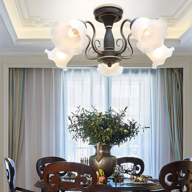 Country Style Floral Semi Flush Mount Frosted White Glass Ceiling Lamp for Dining Room