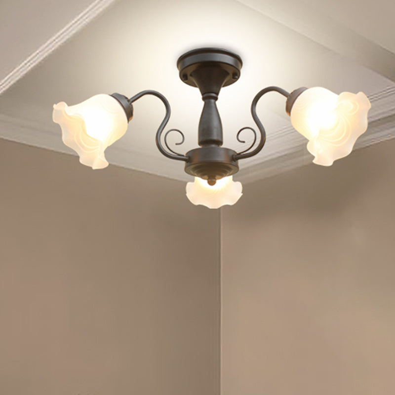 Country Style Floral Semi Flush Mount Frosted White Glass Ceiling Lamp for Dining Room