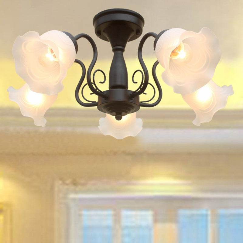 Country Style Floral Semi Flush Mount Frosted White Glass Ceiling Lamp for Dining Room