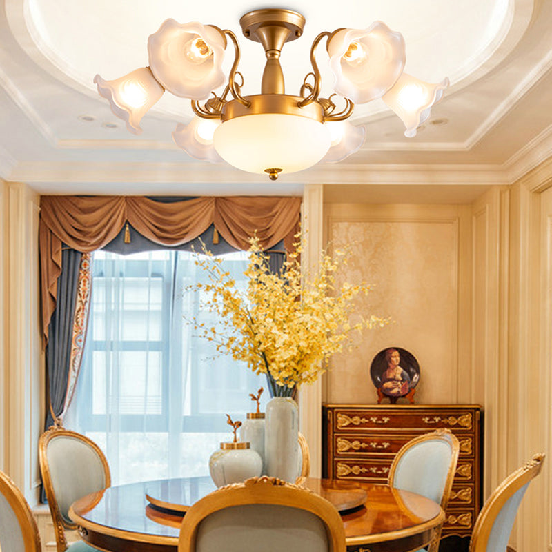 Country Style Floral Semi Flush Mount Frosted White Glass Ceiling Lamp for Dining Room