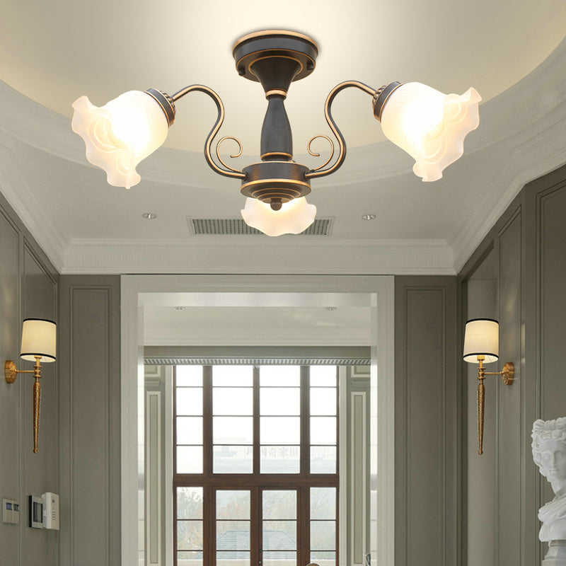 Country Style Floral Semi Flush Mount Frosted White Glass Ceiling Lamp for Dining Room