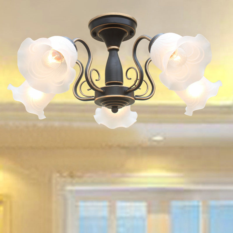 Country Style Floral Semi Flush Mount Frosted White Glass Ceiling Lamp for Dining Room