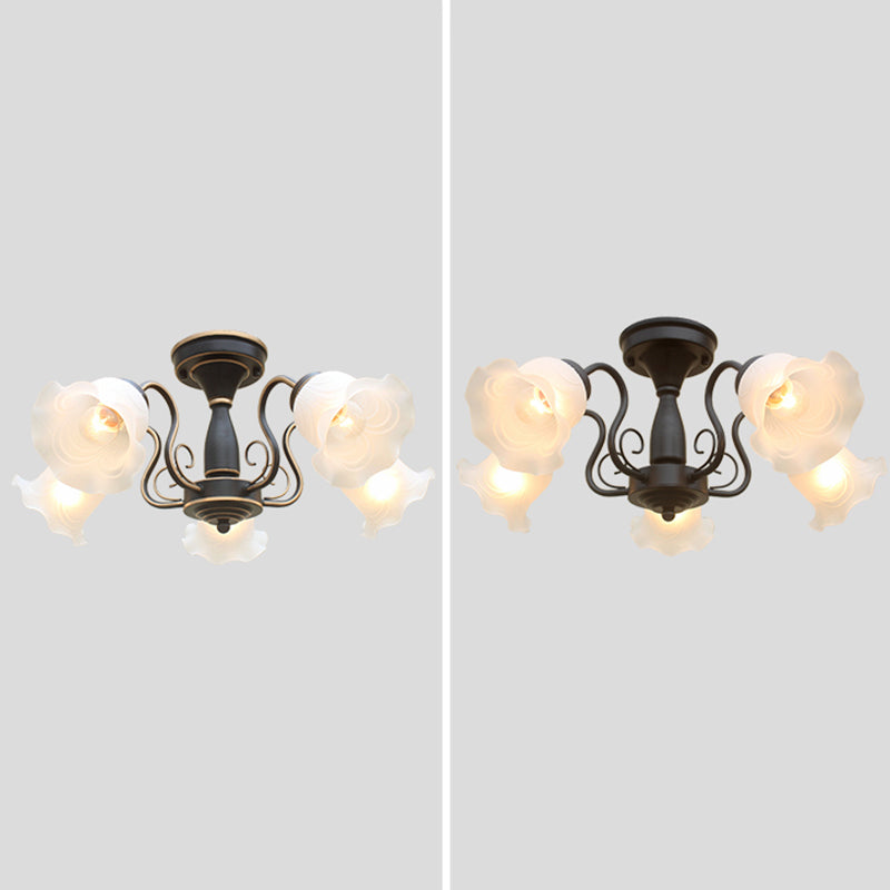 Country Style Floral Semi Flush Mount Frosted White Glass Ceiling Lamp for Dining Room