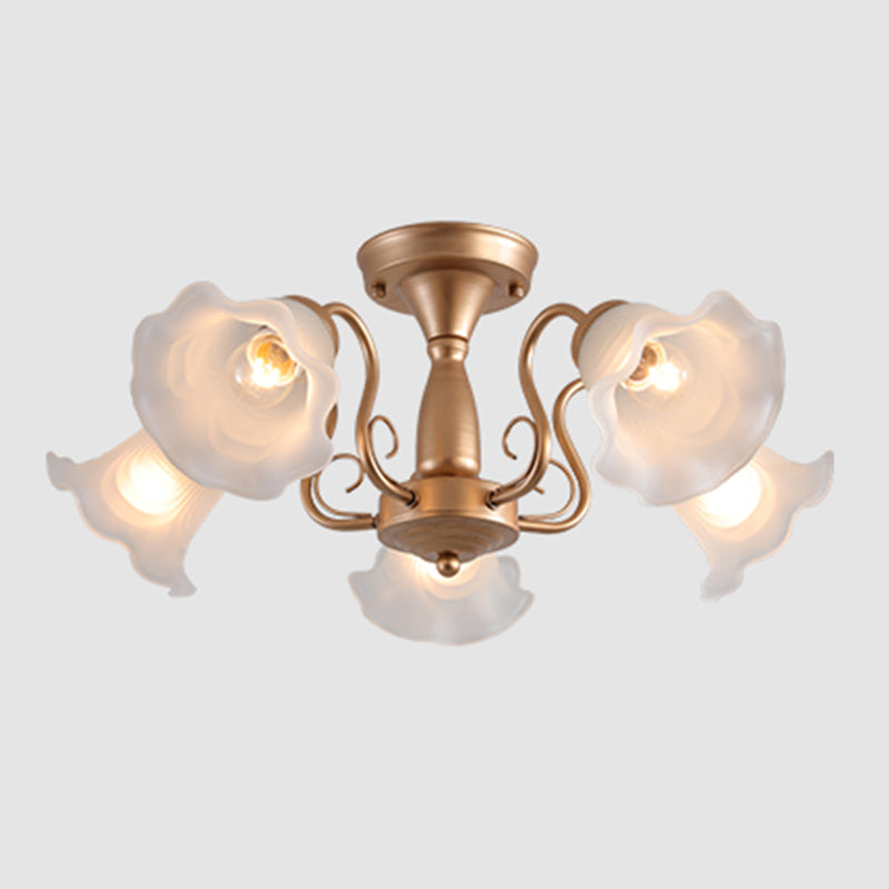 Country Style Floral Semi Flush Mount Frosted White Glass Ceiling Lamp for Dining Room