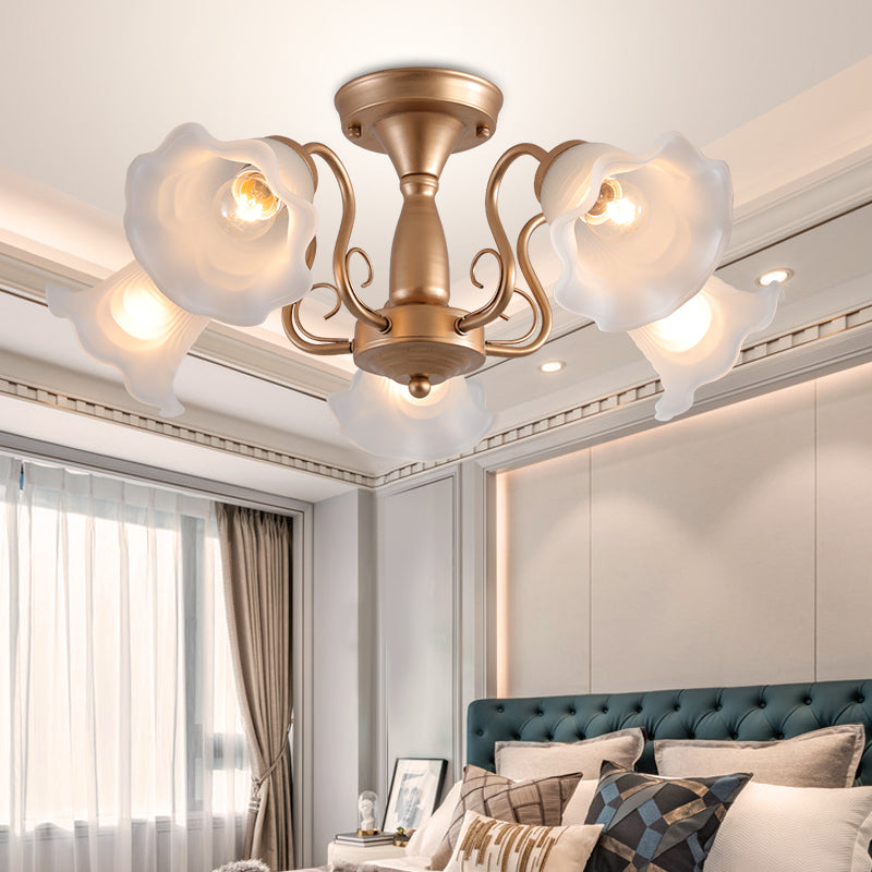 Country Style Floral Semi Flush Mount Frosted White Glass Ceiling Lamp for Dining Room
