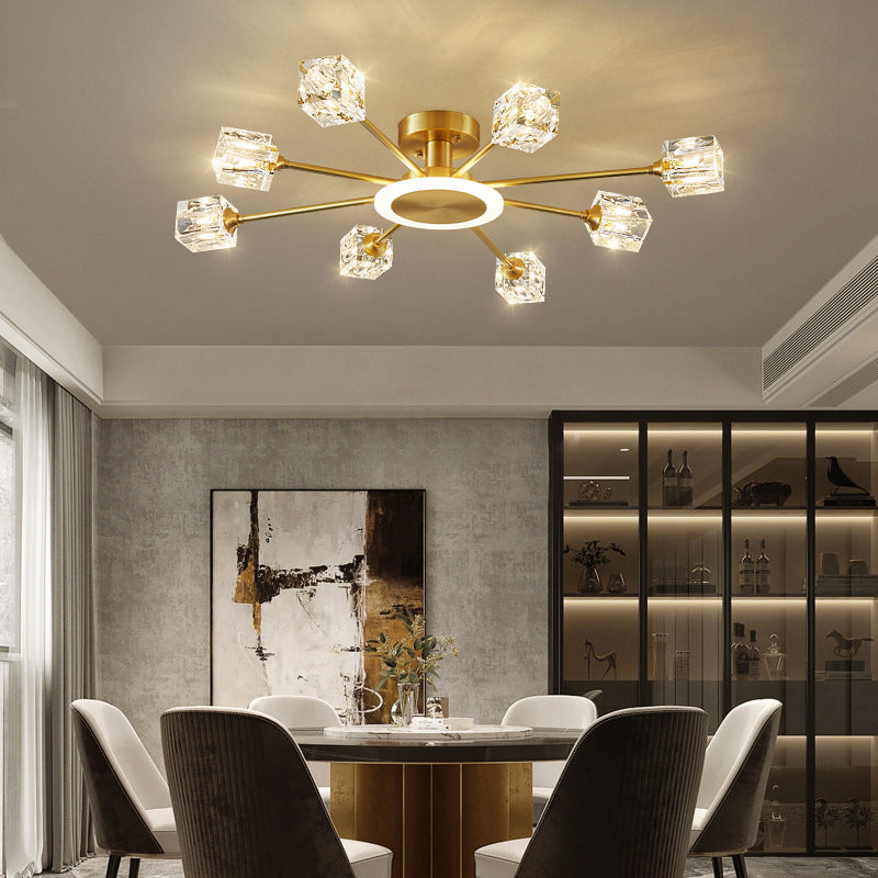 Square Crystal Shade Semi Flush Mount in Modern Luxury Style Sputnik Metal Ceiling Light for Living Room