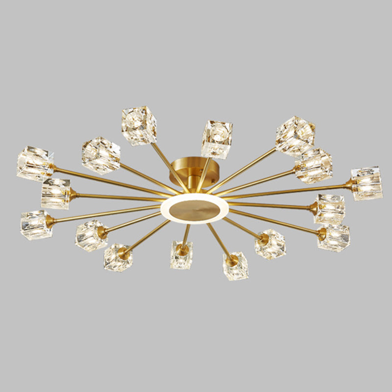 Square Crystal Shade Semi Flush Mount in Modern Luxury Style Sputnik Metal Ceiling Light for Living Room