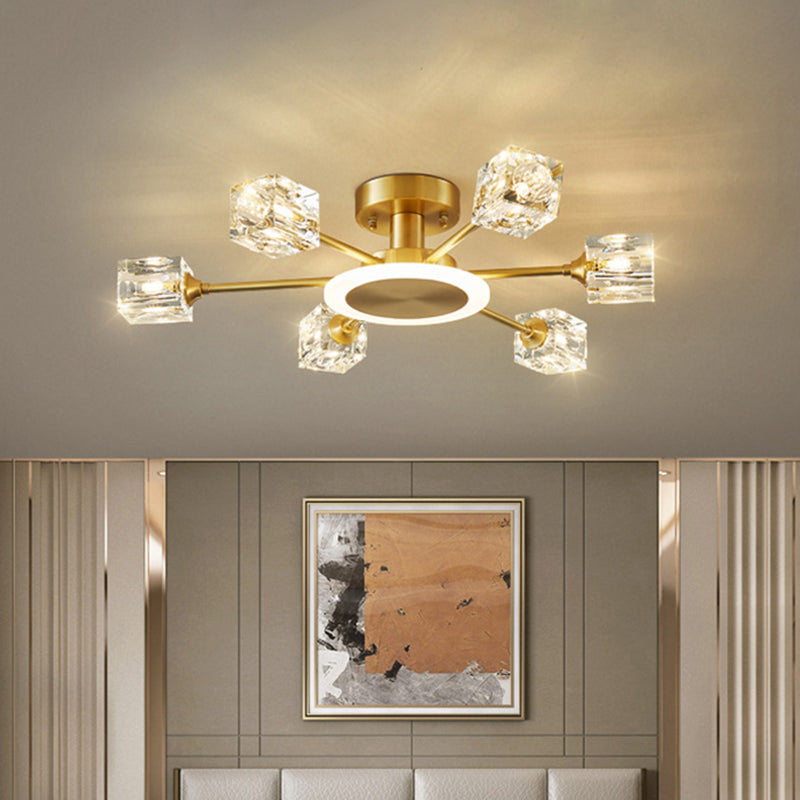 Square Crystal Shade Semi Flush Mount in Modern Luxury Style Sputnik Metal Ceiling Light for Living Room
