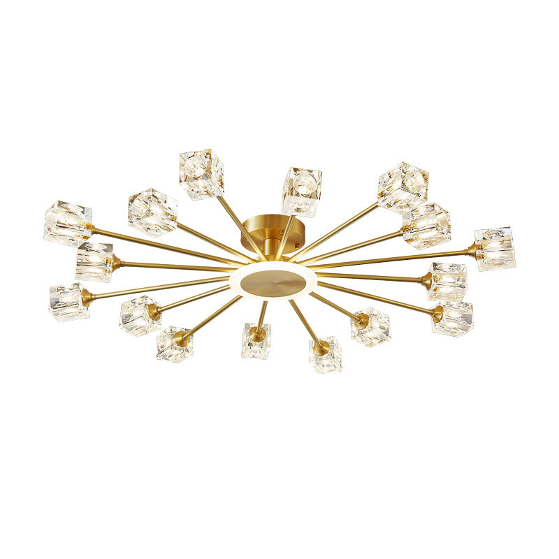 Square Crystal Shade Semi Flush Mount in Modern Luxury Style Sputnik Metal Ceiling Light for Living Room