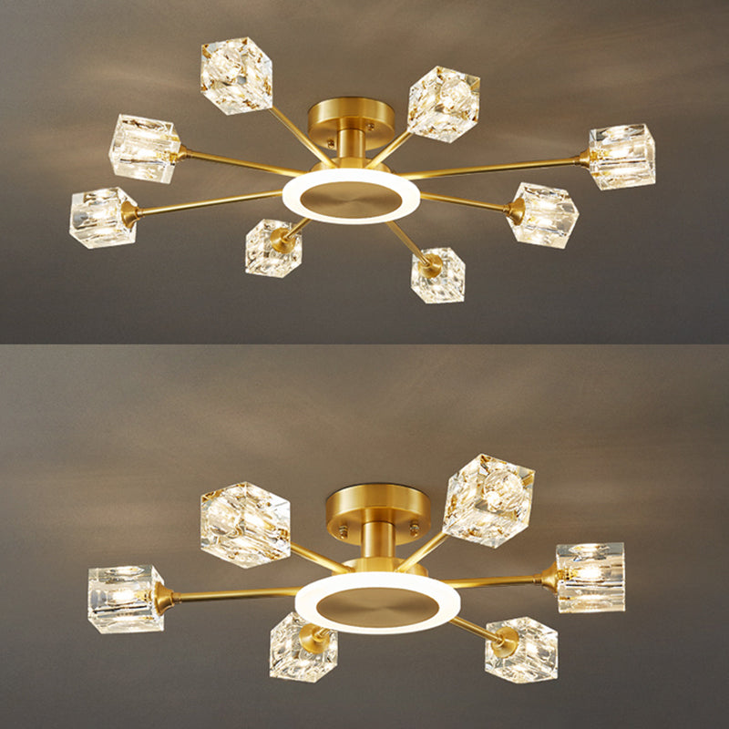 Square Crystal Shade Semi Flush Mount in Modern Luxury Style Sputnik Metal Ceiling Light for Living Room