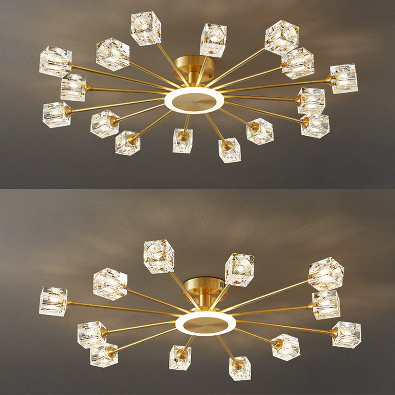 Square Crystal Shade Semi Flush Mount in Modern Luxury Style Sputnik Metal Ceiling Light for Living Room