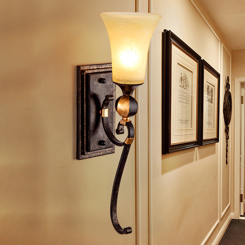 Rectangle Metal Wall Mount Light Lodge 1 Bulb Corridor Sconce Lamp in Antique Bronze with Amber Glass Bell Shade