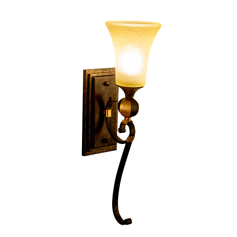 Rectangle Metal Wall Mount Light Lodge 1 Bulb Corridor Sconce Lamp in Antique Bronze with Amber Glass Bell Shade
