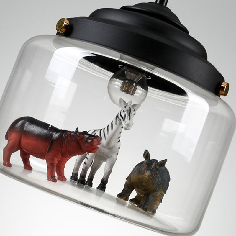 Suspension en verre transparent cylindrique en verre transparent des animaux de dessin animé moderne lampe pour la chambre à coucher pour les enfants (les animaux sont expédiés au hasard)