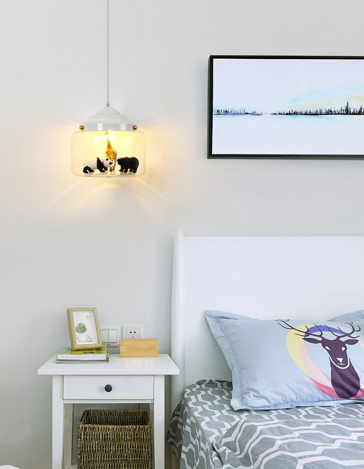 Suspension en verre transparent cylindrique en verre transparent des animaux de dessin animé moderne lampe pour la chambre à coucher pour les enfants (les animaux sont expédiés au hasard)