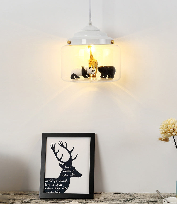 Suspension en verre transparent cylindrique en verre transparent des animaux de dessin animé moderne lampe pour la chambre à coucher pour les enfants (les animaux sont expédiés au hasard)