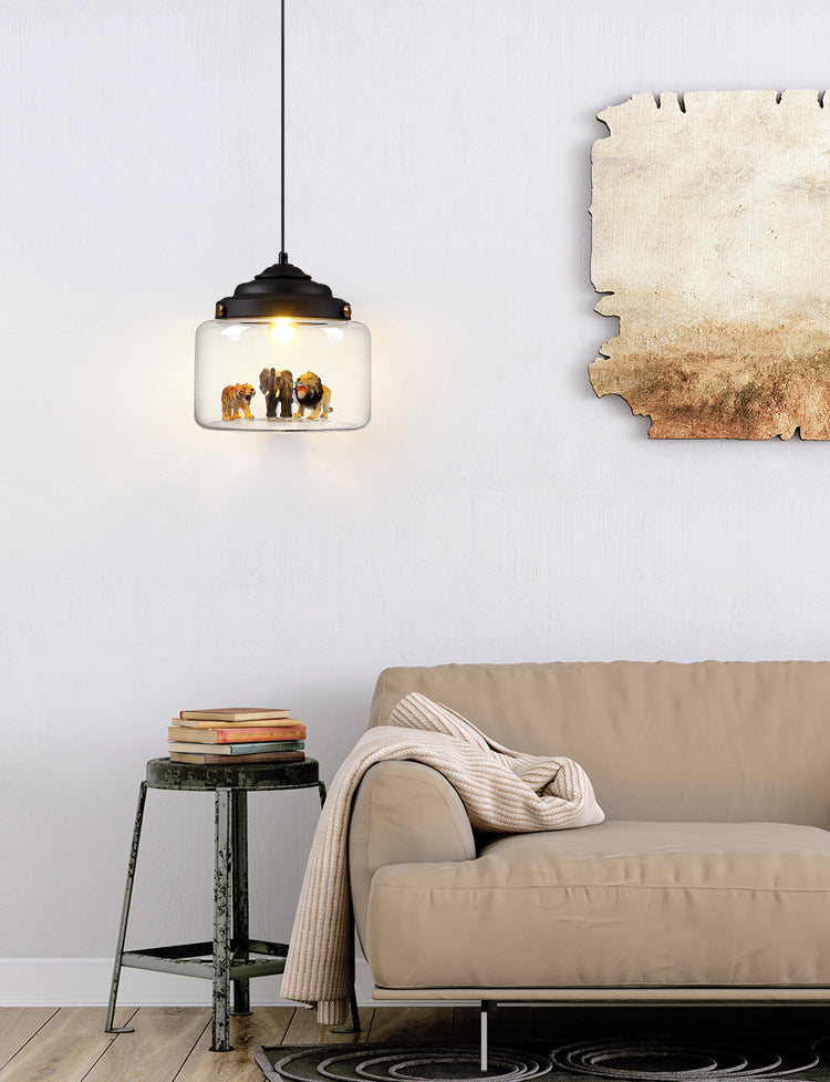 Suspension en verre transparent cylindrique en verre transparent des animaux de dessin animé moderne lampe pour la chambre à coucher pour les enfants (les animaux sont expédiés au hasard)