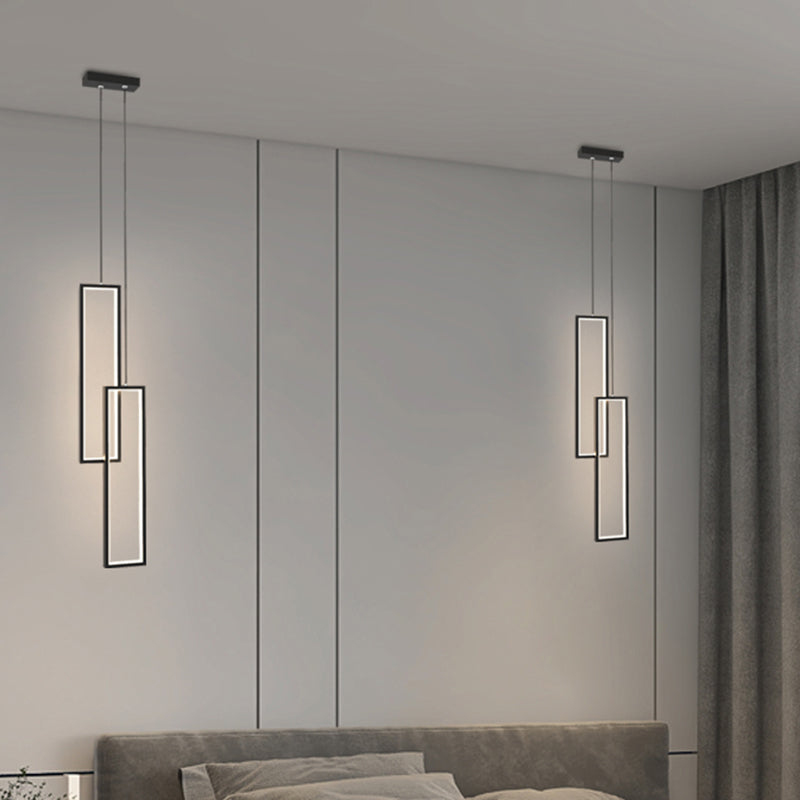 Rectangular LED Pendant Light Minimalist Metal 2-Light Bedside Hanging Light in Black