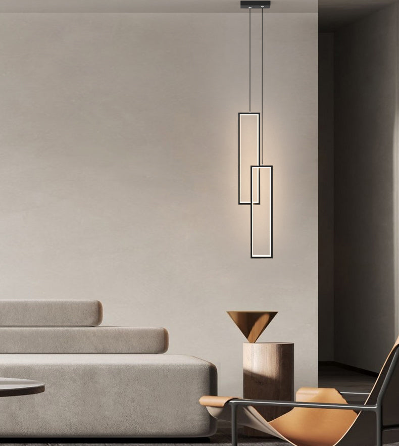 Rectangular LED Pendant Light Minimalist Metal 2-Light Bedside Hanging Light in Black