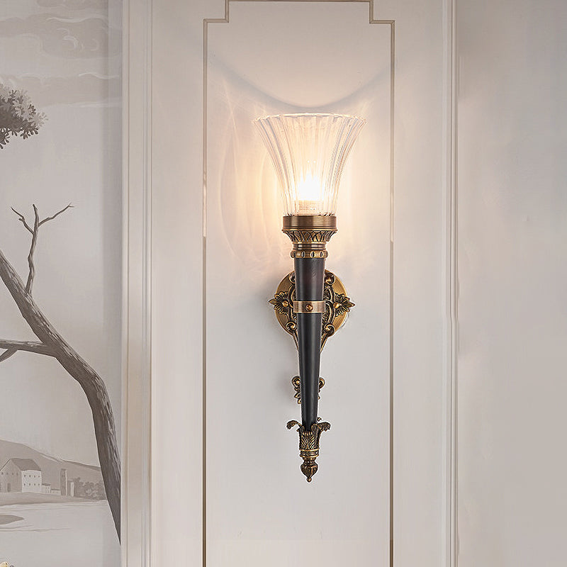 1 Light Wall Lighting Lodge Flared Prismatic Translucent Glass Wall Sconce Lamp in Brass with Pencil Arm