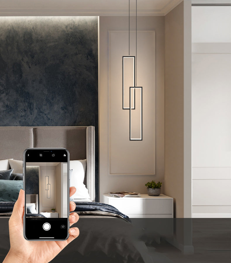 Rectangular LED Pendant Light Minimalist Metal 2-Light Bedside Hanging Light in Black