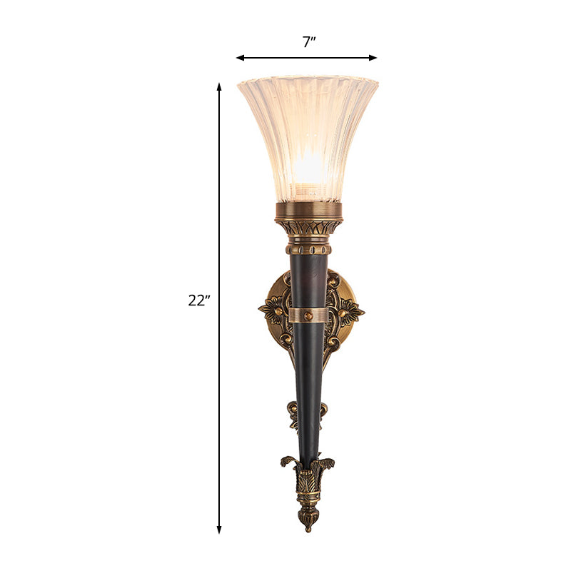 1 Light Wall Lighting Lodge Flared Prismatic Translucent Glass Wall Sconce Lamp in Brass with Pencil Arm
