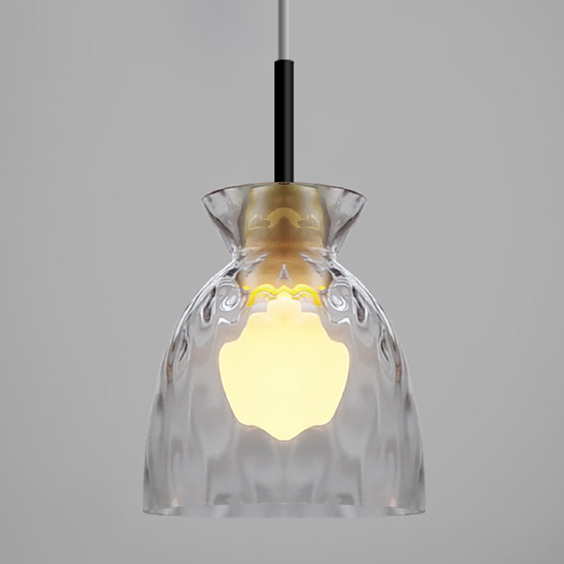 Clear Rippled Glass Shaded Pendant Nordic 1 Head Wood Suspension Light for Dining Room