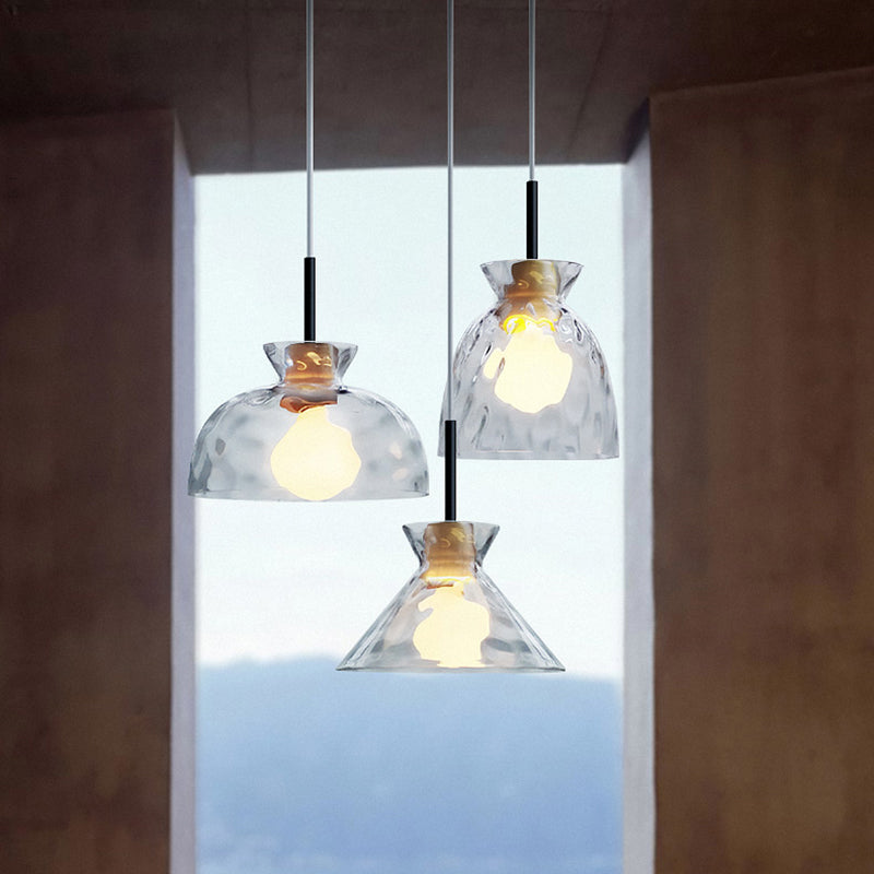 Clear Rippled Glass Shaded Pendant Nordic 1 Head Wood Suspension Light for Dining Room