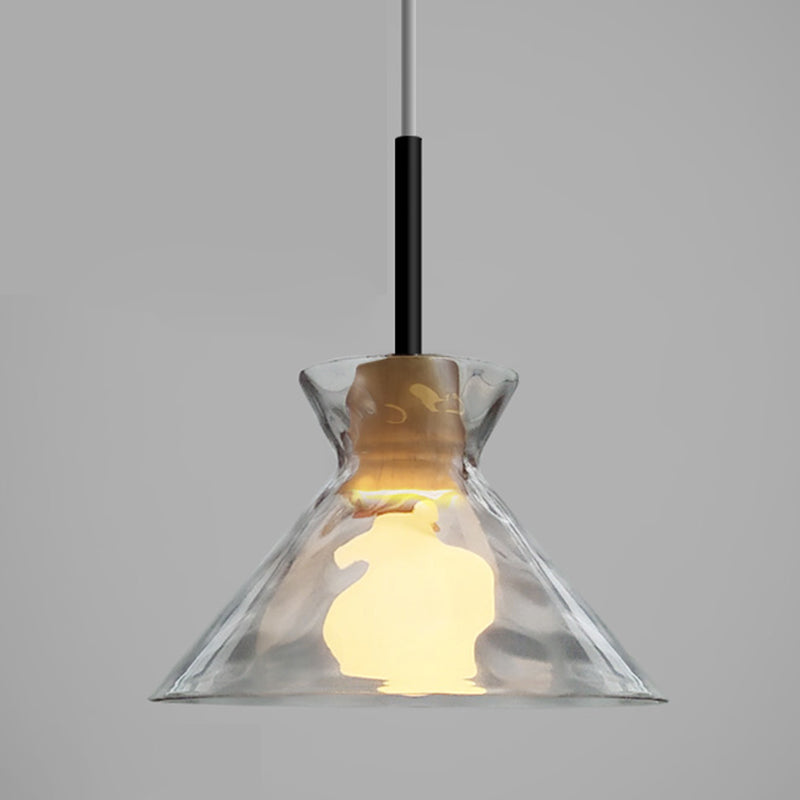 Clear Rippled Glass Shaded Pendant Nordic 1 Head Wood Suspension Light for Dining Room