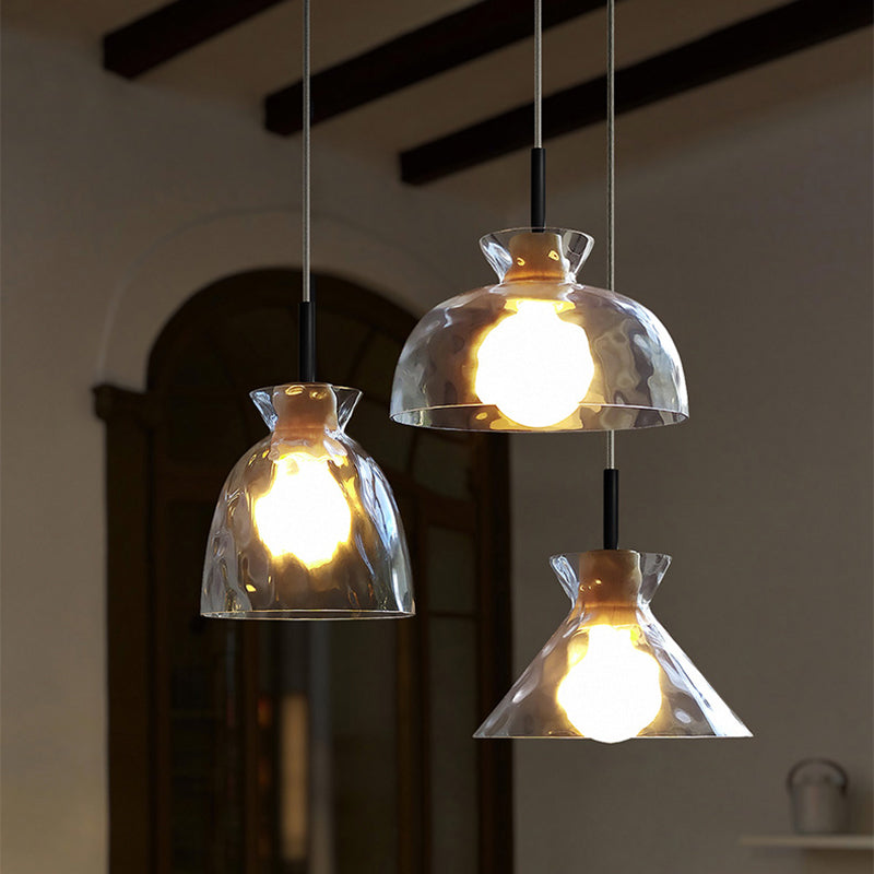Clear Rippled Glass Shaded Pendant Nordic 1 Head Wood Suspension Light for Dining Room