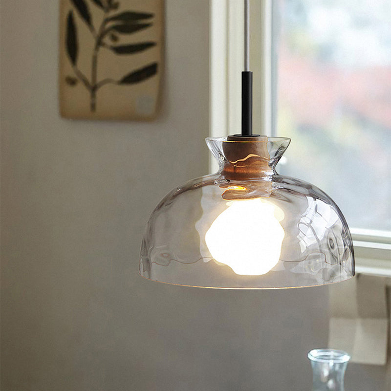 Clear Rippled Glass Shaded Pendant Nordic 1 Head Wood Suspension Light for Dining Room