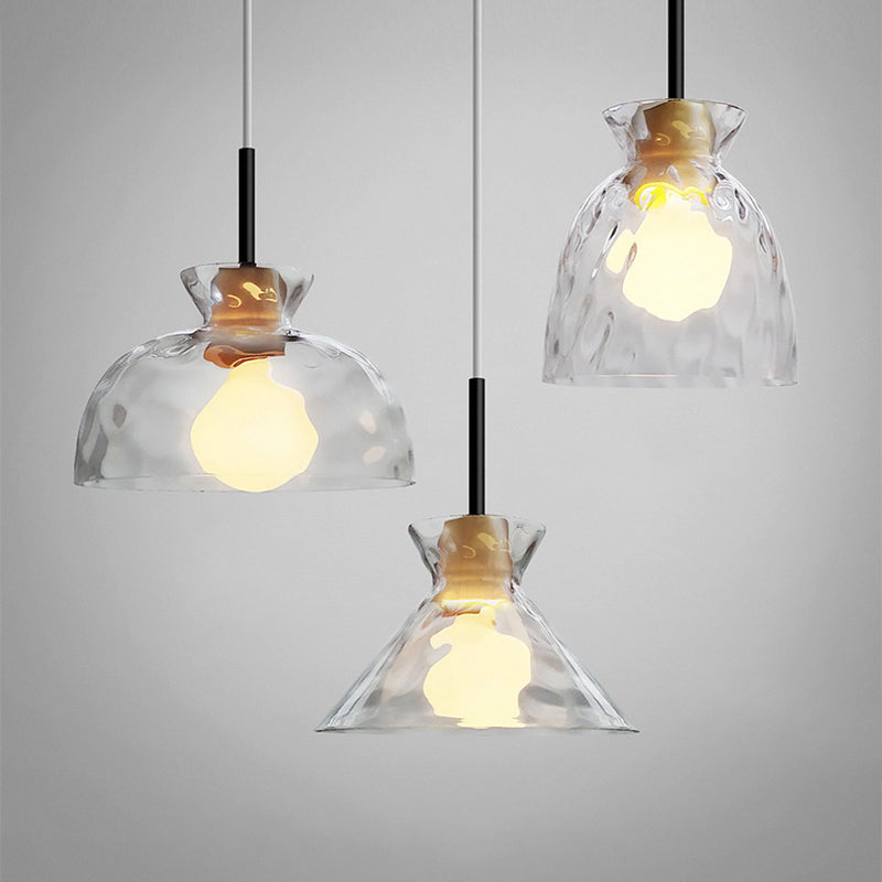 Clear Rippled Glass Shaded Pendant Nordic 1 Head Wood Suspension Light for Dining Room