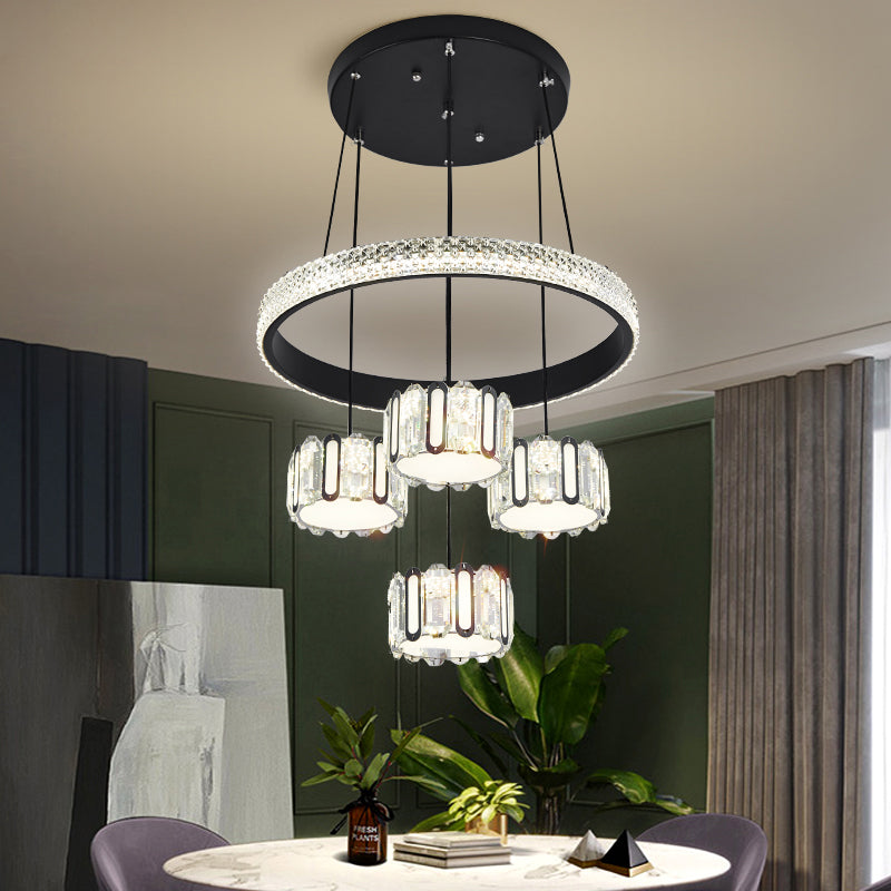 Black Circular Cluster Pendant Modern 5-Light Crystal LED Suspension Lamp for Dining Room