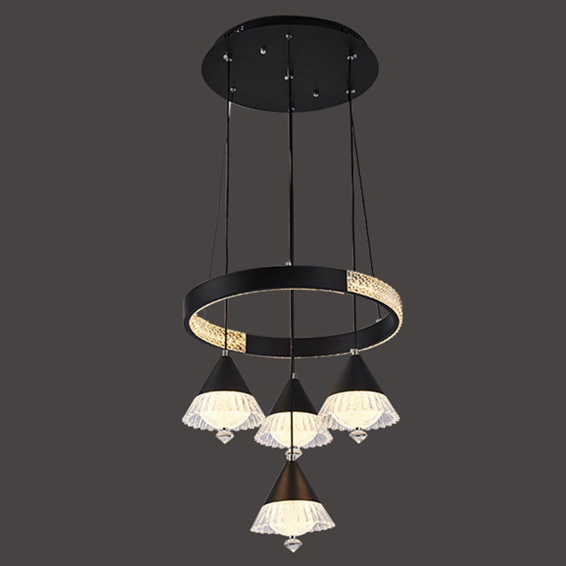 Black Circular Cluster Pendant Modern 5-Light Crystal LED Suspension Lamp for Dining Room