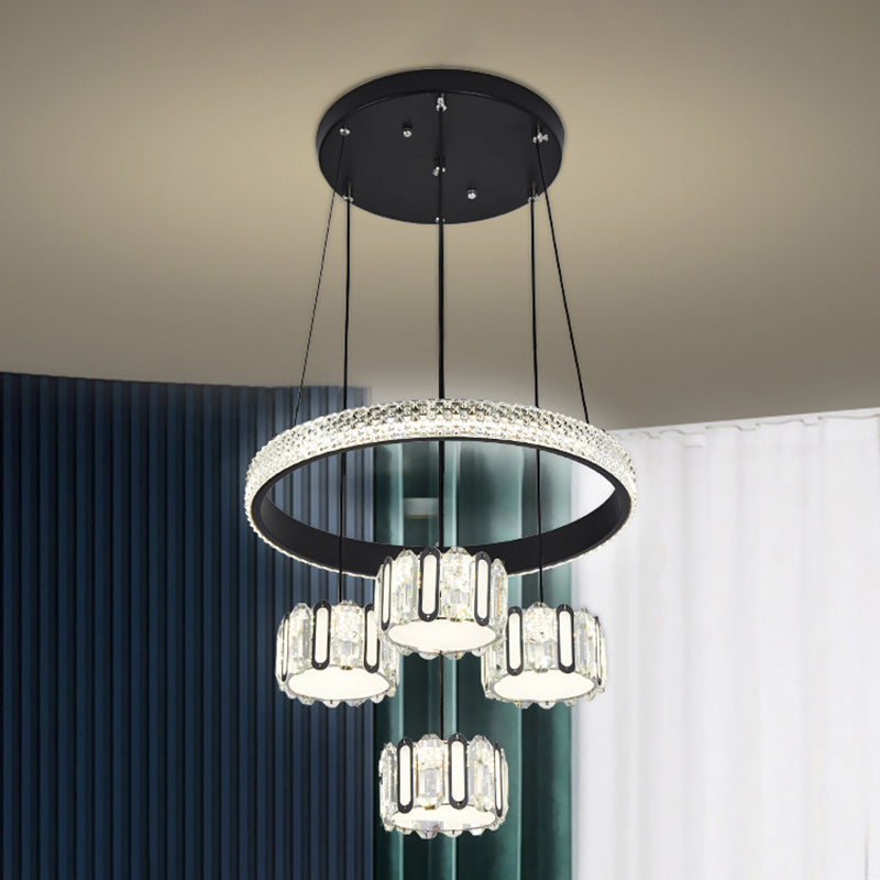 Black Circular Cluster Pendant Modern 5-Light Crystal LED Suspension Lamp for Dining Room